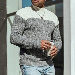 Casual Black & White Cable Knit Men's Pullover Sweater